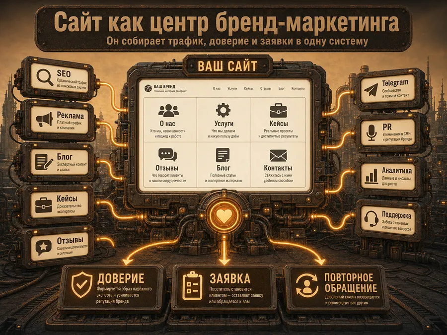 Сайт как центральный узел бренд-маркетинга, объединяющий SEO, рекламу, контент, кейсы, отзывы и аналитику